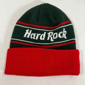 Hard Rock Cafe Knit Beanie Hat Green Red White Stripes Logo Winter Warm
